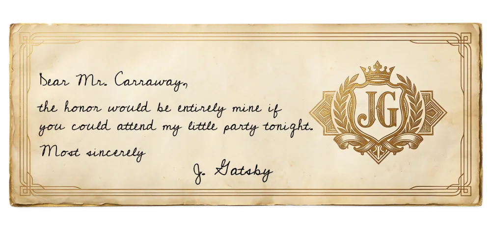 Handgeschriebene Einladung von J. Gatsby an Mr. Carraway