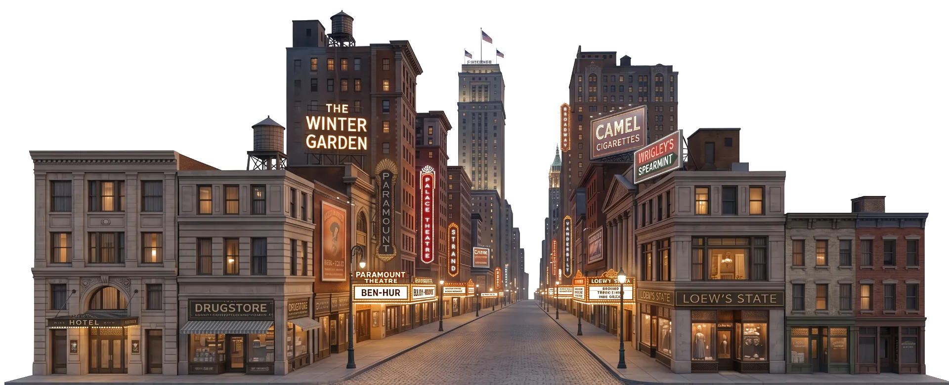 Beleuchteter Straßenzug am Times Square im New York der 1920er Jahre